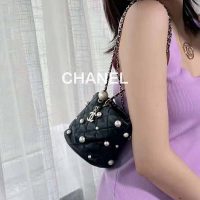 Chanel Women Mini Drawstring Bag Lambskin Imitation Pearls & Gold-Tone Metal Black