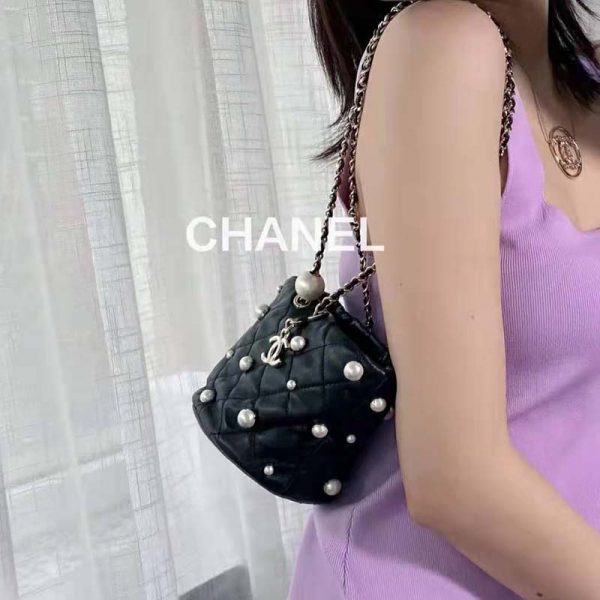 Chanel Women Mini Drawstring Bag Lambskin Imitation Pearls & Gold-Tone Metal Black (4)