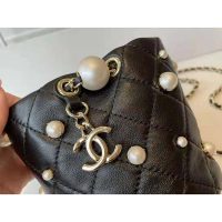 Chanel Women Mini Drawstring Bag Lambskin Imitation Pearls & Gold-Tone Metal Black