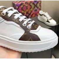 Louis Vuitton LV Women Time Out Sneaker Cacao Brown Calf Leather Patent Monogram Canvas