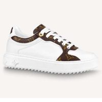 Louis Vuitton LV Women Time Out Sneaker Cacao Brown Calf Leather Patent Monogram Canvas