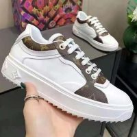 Louis Vuitton LV Women Time Out Sneaker Cacao Brown Calf Leather Patent Monogram Canvas