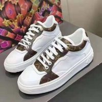 Louis Vuitton LV Women Time Out Sneaker Cacao Brown Calf Leather Patent Monogram Canvas