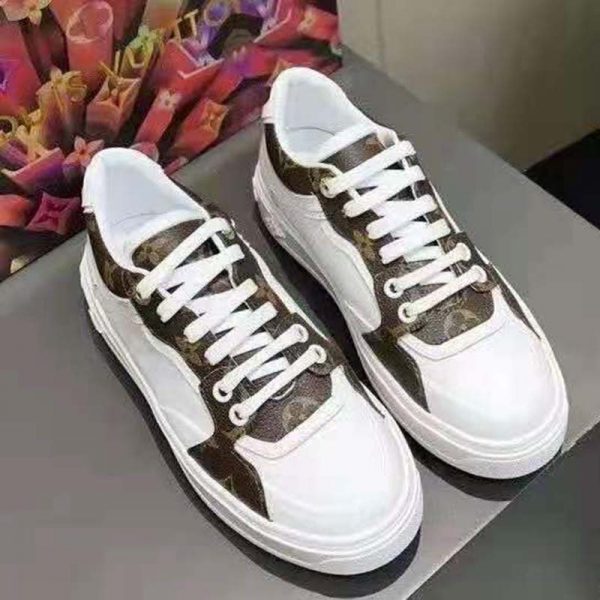 Louis Vuitton LV Women Time Out Sneaker Cacao Brown Calf Leather Patent Monogram Canvas (5)