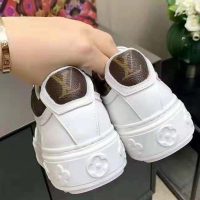 Louis Vuitton LV Women Time Out Sneaker Cacao Brown Calf Leather Patent Monogram Canvas