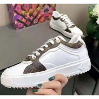 Louis Vuitton LV Women Time Out Sneaker Cacao Brown Calf Leather Patent Monogram Canvas