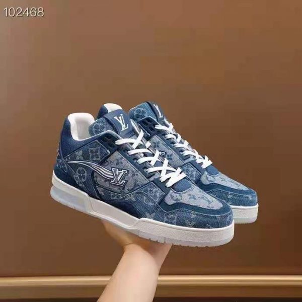 Louis Vuitton Unisex LV Trainer Sneaker Blue Monogram Denim Flowers Rubber LV Initials (7)