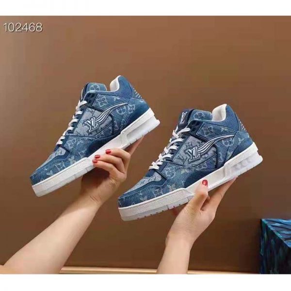 Louis Vuitton Unisex LV Trainer Sneaker Blue Monogram Denim Flowers Rubber LV Initials (9)