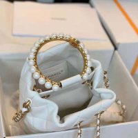 Chanel Women Mini Bucket Bag Calfskin Imitation Pearls Gold Tone Metal White