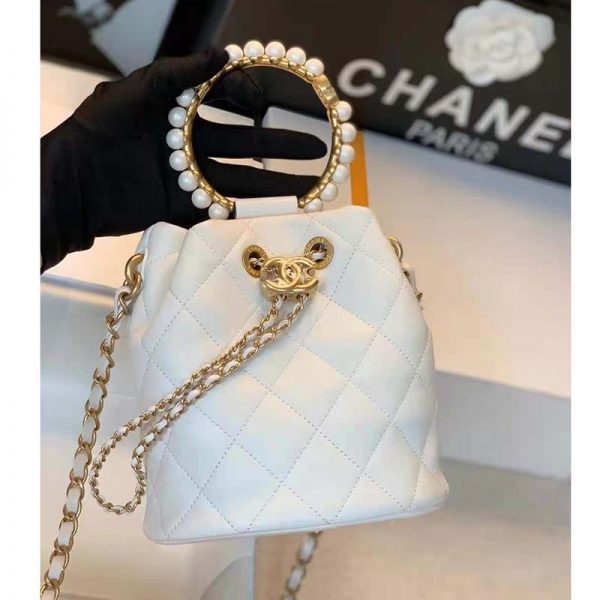 Chanel Women Mini Bucket Bag Calfskin Imitation Pearls Gold Tone Metal White (12)
