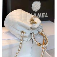 Chanel Women Mini Bucket Bag Calfskin Imitation Pearls Gold Tone Metal White