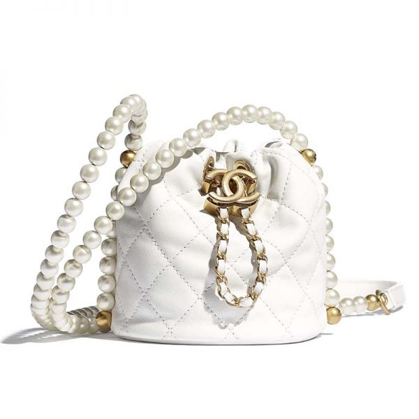 Chanel Women Mini Bucket Bag Calfskin Imitation Pearls Gold Tone Metal White