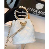 Chanel Women Mini Bucket Bag Calfskin Imitation Pearls Gold Tone Metal White