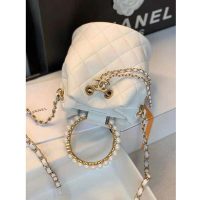 Chanel Women Mini Bucket Bag Calfskin Imitation Pearls Gold Tone Metal White