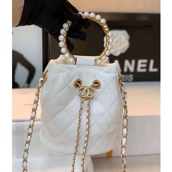 Chanel Women Mini Bucket Bag Calfskin Imitation Pearls Gold Tone Metal White (5)