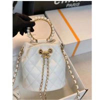 Chanel Women Mini Bucket Bag Calfskin Imitation Pearls Gold Tone Metal White