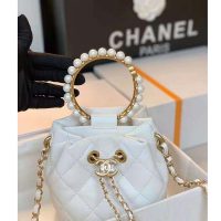 Chanel Women Mini Bucket Bag Calfskin Imitation Pearls Gold Tone Metal White