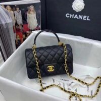 Chanel Women Mini Flap Bag with Top Handle Grained Calfskin Gold Tone Metal Black