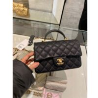 Chanel Women Mini Flap Bag with Top Handle Grained Calfskin Gold Tone Metal Black