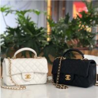 Chanel Women Mini Flap Bag with Top Handle Grained Calfskin Gold Tone Metal Black