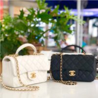 Chanel Women Mini Flap Bag with Top Handle Grained Calfskin Gold Tone Metal Black