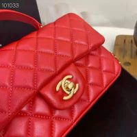 Chanel Women Mini Flap Bag with Top Handle Grained Calfskin Gold-Tone Metal Red