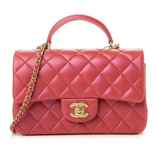 Chanel Women Mini Flap Bag with Top Handle Grained Calfskin Gold-Tone Metal Red