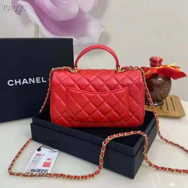 Chanel Women Mini Flap Bag with Top Handle Grained Calfskin Gold-Tone Metal Red (4)