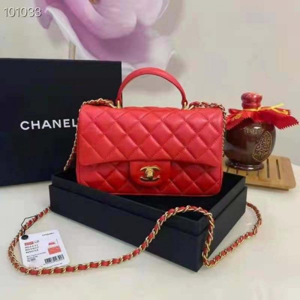 Chanel Women Mini Flap Bag with Top Handle Grained Calfskin Gold-Tone Metal Red (6)