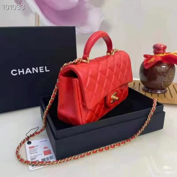 Chanel Women Mini Flap Bag with Top Handle Grained Calfskin Gold-Tone Metal Red (7)