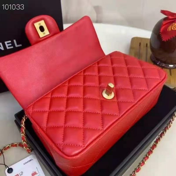 Chanel Women Mini Flap Bag with Top Handle Grained Calfskin Gold-Tone Metal Red (9)