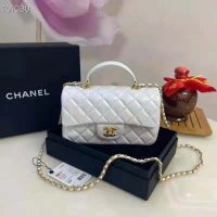 Chanel Women Mini Flap Bag with Top Handle Grained Calfskin Gold Tone Metal White