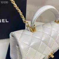 Chanel Women Mini Flap Bag with Top Handle Grained Calfskin Gold Tone Metal White