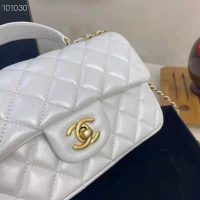 Chanel Women Mini Flap Bag with Top Handle Grained Calfskin Gold Tone Metal White