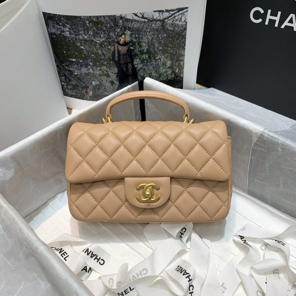 Chanel Women Mini Flap Bag with Top Handle Lambskin & Gold-Tone Metal Sandy (4)