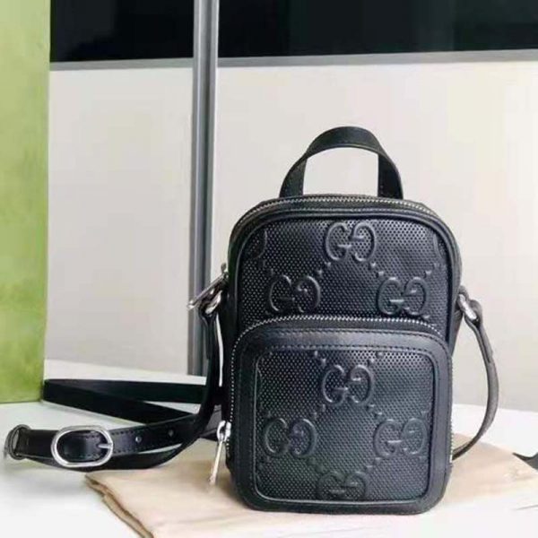 Gucci GG Unisex Embossed Mini Bag Black Leather Cotton Linen (1)