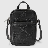 Gucci GG Unisex Embossed Mini Bag Black Leather Cotton Linen