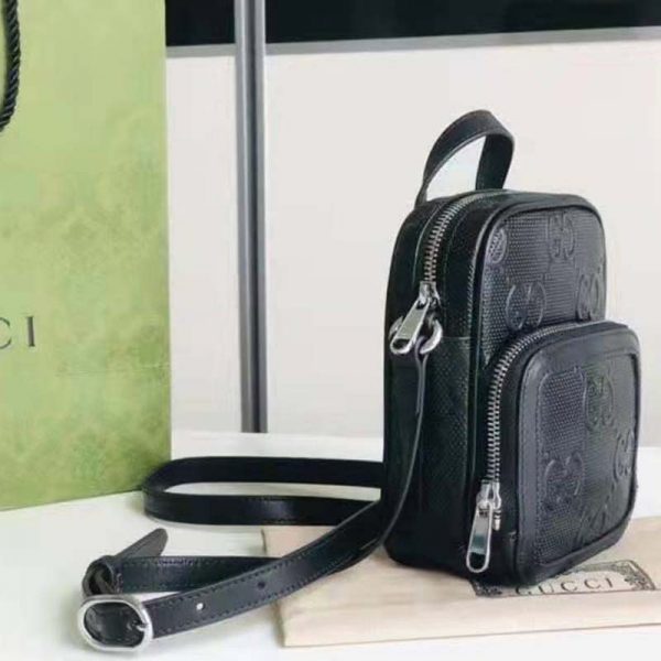 Gucci GG Unisex Embossed Mini Bag Black Leather Cotton Linen (2)