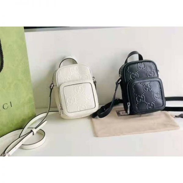 Gucci GG Unisex Embossed Mini Bag White Leather Cotton Linen (9)