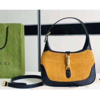 Gucci GG Women Jackie 1961 Small Shoulder Bag Camel Straw Effect Fabric Blue Leather