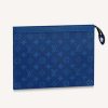 Louis Vuitton LV Unisex Pochette Voyage MM Taiga Cowhide Leather Monogram Eclipse Coated Canvas