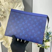 Louis Vuitton LV Unisex Pochette Voyage MM Taiga Cowhide Leather Monogram Eclipse Coated Canvas