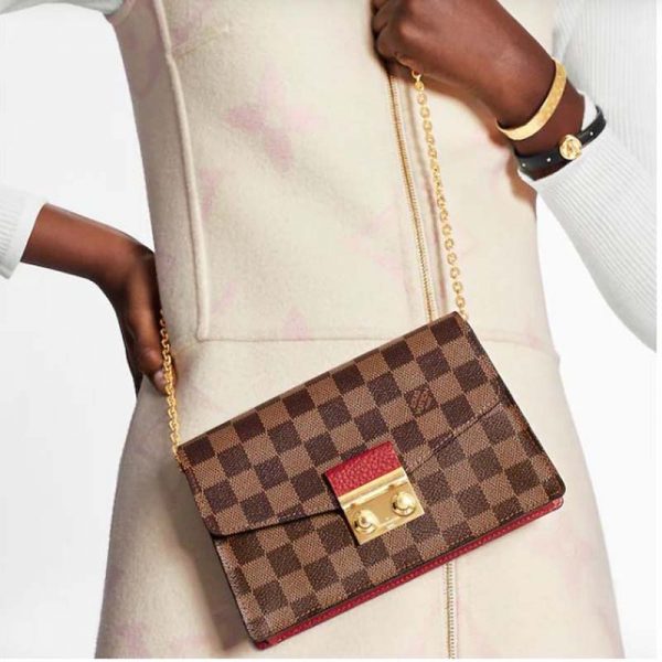 Louis Vuitton LV Women Croisette Chain Wallet Scarlet Red Damier Ebene Coated Canvas (15)