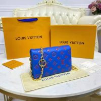 Louis Vuitton LV Women Pochette Coussin Blue Monogram Embossed Lambskin