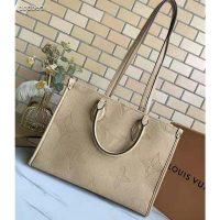 Louis Vuitton Women Onthego MM Tote Bag Tourterelle Beige Embossed Grained Cowhide