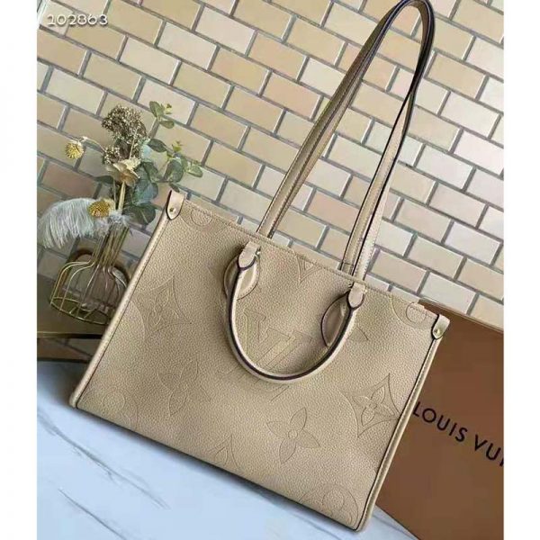 Louis Vuitton Women Onthego MM Tote Bag Tourterelle Beige Embossed Grained Cowhide (9)