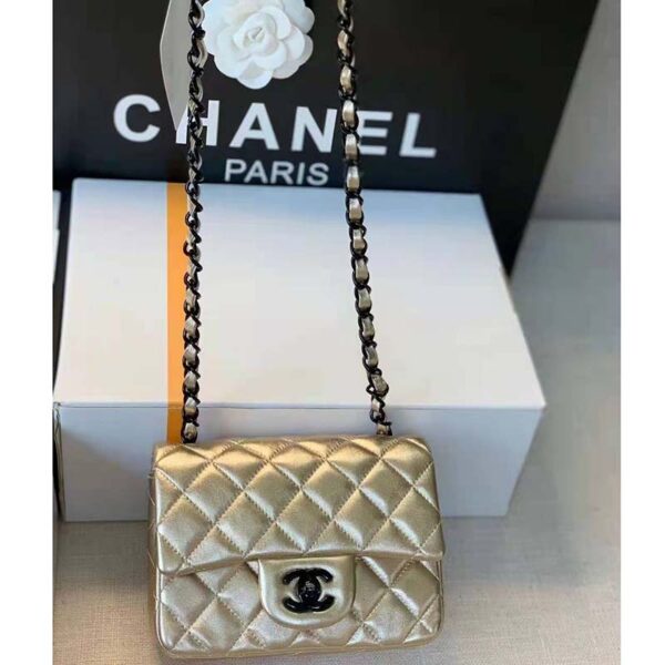 Chanel Women Classic Handbag Metallic Lambskin Black Metal Gold (7)