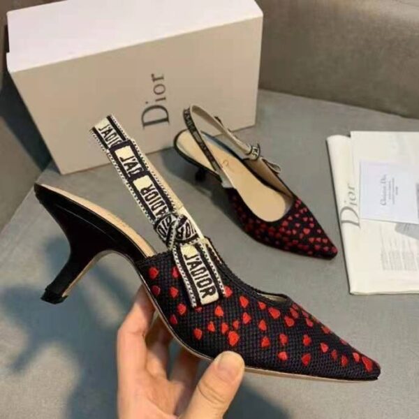 Dior Women Shoes J’Adior Slingback Pump Navy Blue Red Hearts I Love Paris Embroidered Cotton (1)