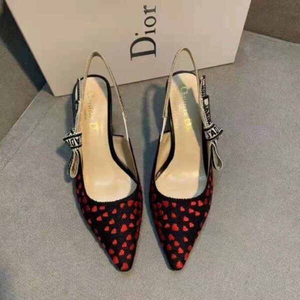 Dior Women Shoes J’Adior Slingback Pump Navy Blue Red Hearts I Love Paris Embroidered Cotton (3)