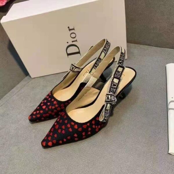 Dior Women Shoes J’Adior Slingback Pump Navy Blue Red Hearts I Love Paris Embroidered Cotton (4)